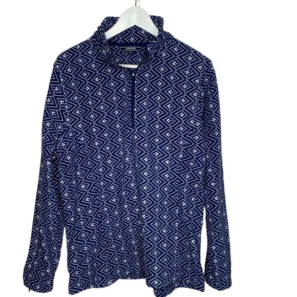 Lands’ End Womens Pullover Fleece Jacket Large 14/16 Blue White Geometric - Picture 1 of 5